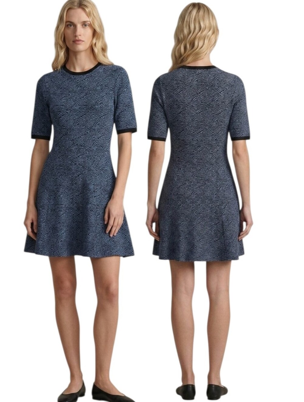 ALC Blue Textured Heavy Knit Short Sleeve Skater Mini Dress - Size M